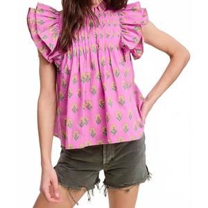 NEW ULTRAMARINE floral cluster ruffle blouse in orchid